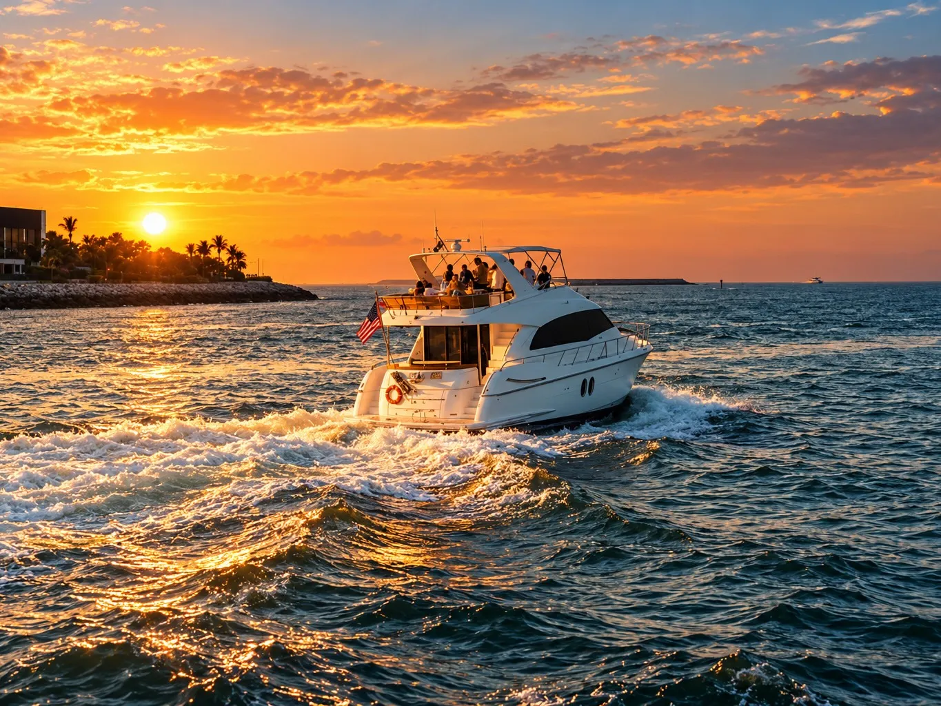 A group aboard a private charter boat heading out at sunset